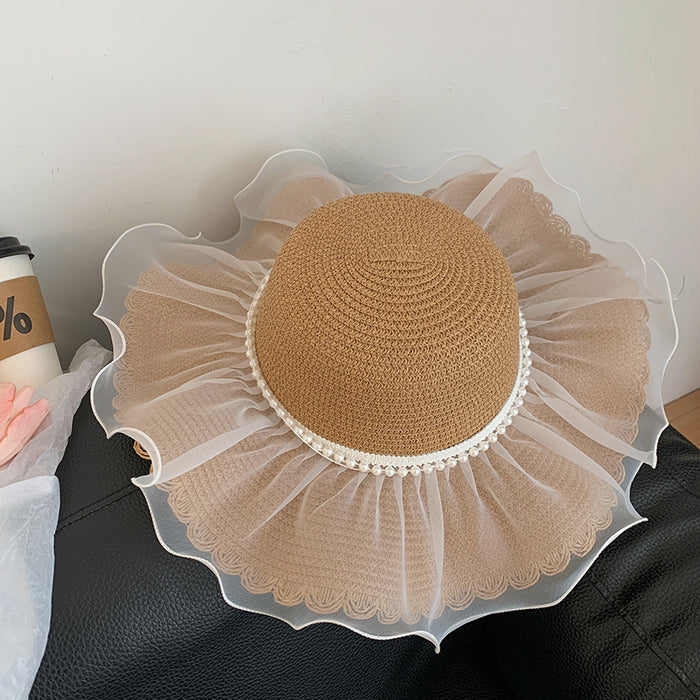 Wholesale Lace straw hat with large brim, outdoor UV resistant straw woven sun hat