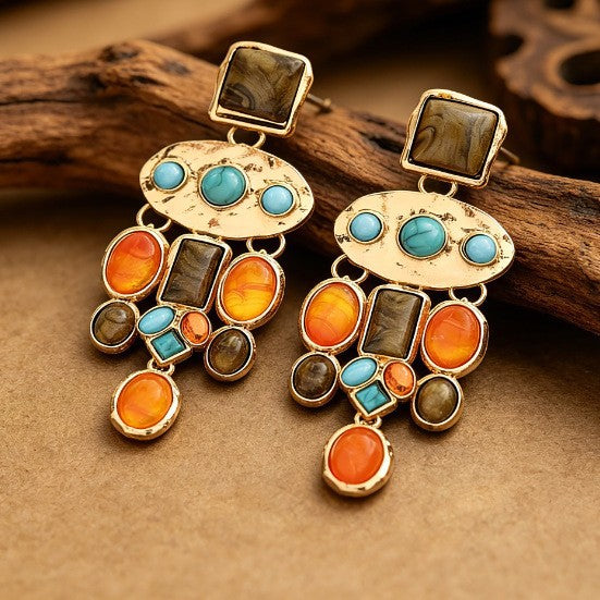 Wholesale Ethnic Style Turquoise Tassel Earrings Creative Vintage Earrings Long Style with Inlaid Turquoise