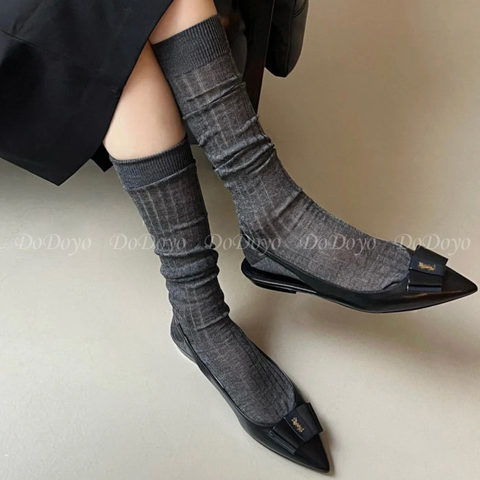 Wholesale Grey socks, calf socks, vertical stripes, runway style, knitted long tube, stacked cotton socks