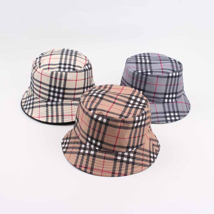 Wholesale Striped checkered basin hat for sun protection and travel, double-sided wearable