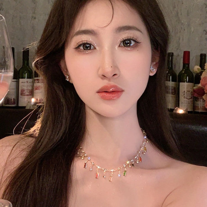 Wholesale Summer fashion, light luxury, niche design, high-end color tassel zircon collarbone necklace accessories
