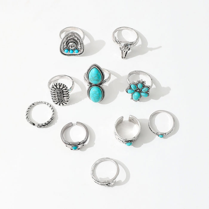 Wholesale Imitation turquoise ring set Creative bull head flower feather multi-element turquoise ring set
