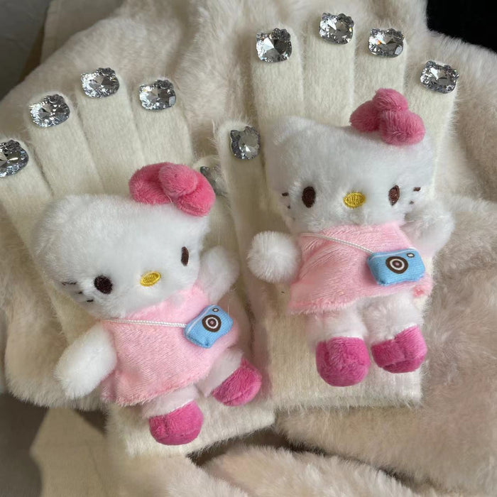 Wholesale rhinestone cute plush gloves autumn and winter girl warm knitted five-finger gloves