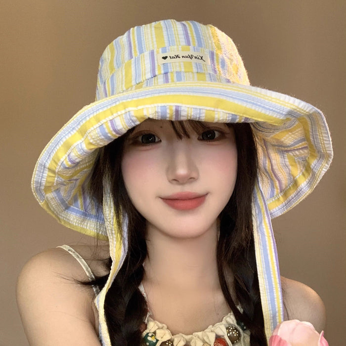 Wholesale Versatile striped strap fisherman hat new cute sun hat thin casual large brim sun hat