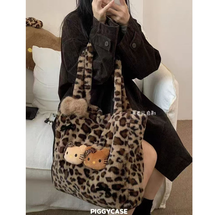 Wholesale Cartoon Printed Plush Bag Women's Autumn and Winter Lazy Large Capacity Leopard Print Shoulder Bag