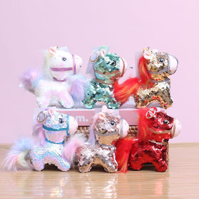 Wholesale Sequin Colorful Pony Pendant Cute Plush Toy Doll Bag Charm Keychain Animal