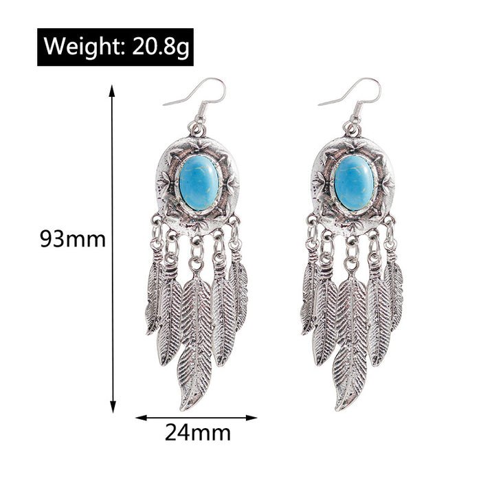 Wholesale Bohemian style turquoise tassel and feather earrings