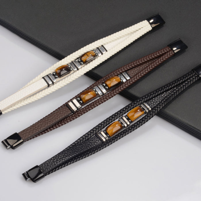 Wholesale tiger eye stone leather bracelet stainless steel bracelet multi-layer leather jewelry Amazon men' s bracelet