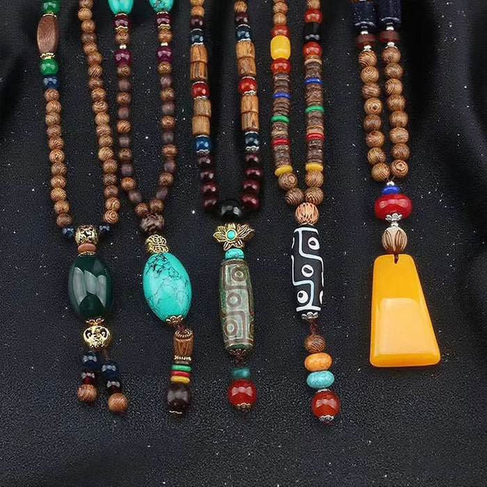 Wholesale Retro ethnic style long wooden sweater chain Bodhi pendant wooden bead necklace Tibetan cotton and linen pendant Buddhist beads necklace