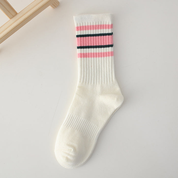 Wholesale Women's mid tube cotton socks, women's long socks with simple stripes, comfortable and breathable mid tube socks