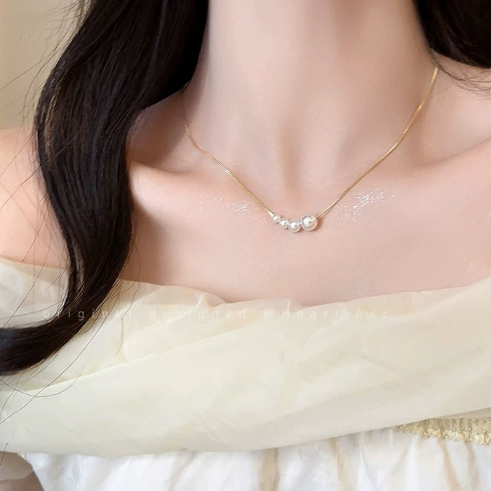 Wholesale Titanium steel simple temperament bead collarbone chain light luxury high-end feeling gold-plated pearl necklace neckchain