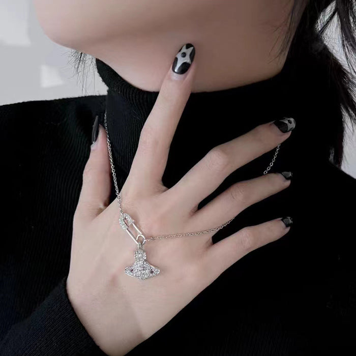 Wholesale  titanium steel necklace  full diamond Saturn paper clip pendant niche sweater chain jewelry accessories clavicle chain