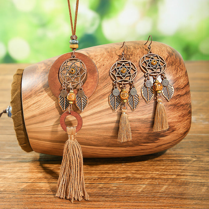 Wholesale Bohemian Dreamcatcher Tassel Earrings and Wooden Pendant Necklace Set