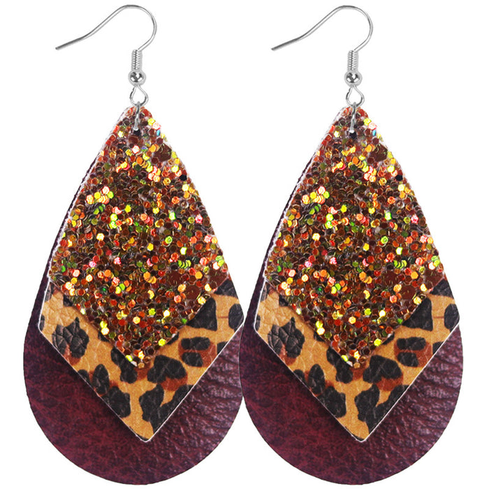 Wholesale Bohemian Style Multi-Layered Classic Leopard Print Sequin Women' s Leather Earrings Available in Multiple Colors