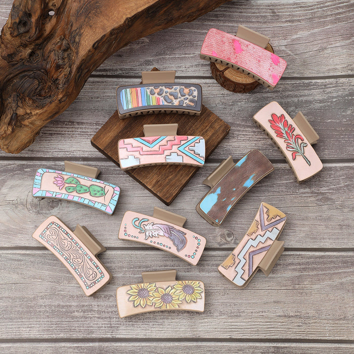 Wholesale Western Style Cactus Feather Sunflower Leather Shark Clip Women' s Hairpin