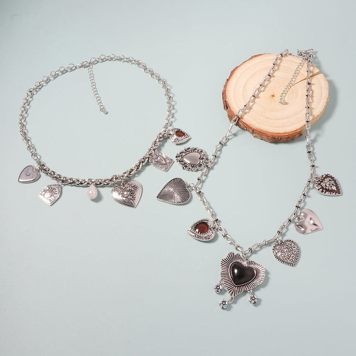 Wholesale Geometric Heart Pendant Double Layer Stacked Distinctive Chain Necklace Earrings Women