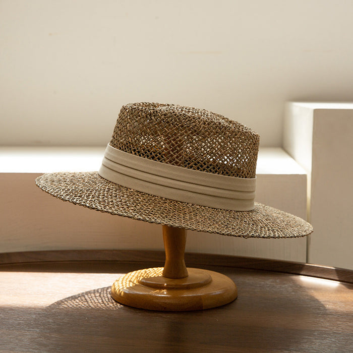 Wholesale Straw Hat for Women Hollow Flat-Top Hat, British Style Sun Protection Straw Hat