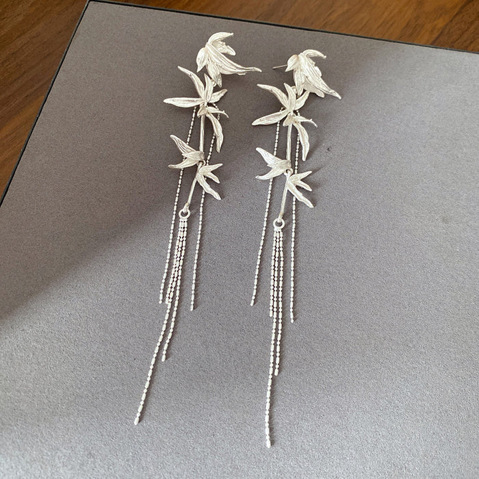 Wholesale Silver needle bamboo leaf tassel earrings new Chinese style fashion temperament niche cold style earrings light luxury high-end earrings for women