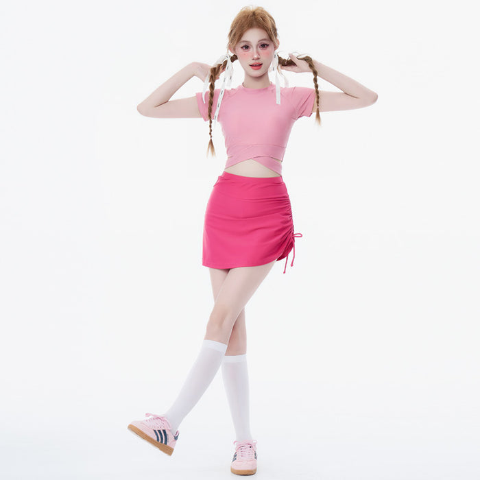 Wholesale Split swimsuit set with drawstring skirt two-piece set