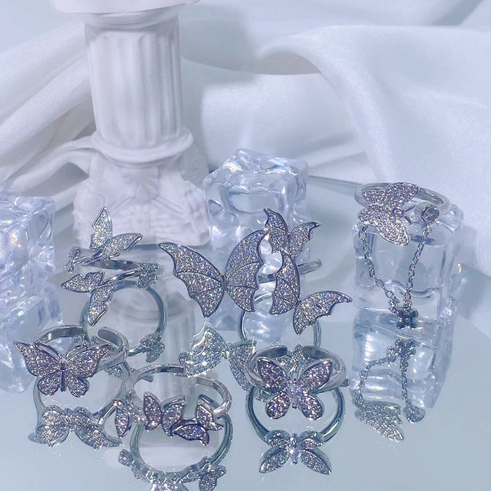 Wholesale New butterfly three-dimensional fashionable light luxury sparkling diamond open ring with niche design and high-end feel