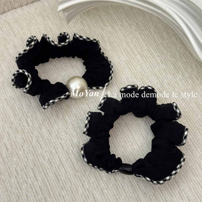 Wholesale Plaid Lace Scrunchie High-End Pearl Bun Hair Tie Ponytail Holder