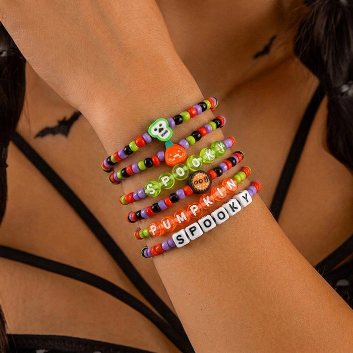 Wholesale Halloween Stacking Bracelet Set with Pumpkin Ghost and Skeleton Beads Jewelry Accessory