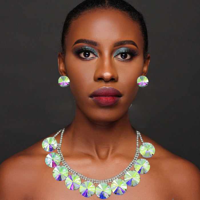 Wholesale jewelry suit  AB diamond round exaggerated necklace earrings