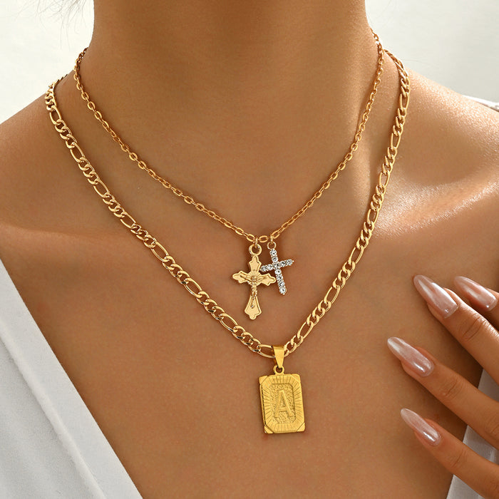 Wholesale Jewelry inlaid rhinestone cross letter square pendant necklace