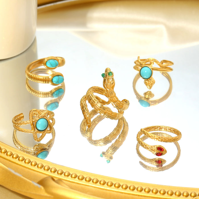 Wholesale Stainless Steel Snake-Shaped Turquoise Adjustable Rings