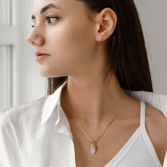 Wholesale Stone bead stud earrings and 18k gold necklace set 2 pieces available in multiple colors