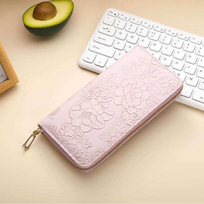 Wholesale Literary Floral Embossed Women' s Pu Wallet Light Blue Daily Matching Boutique MOQ:3