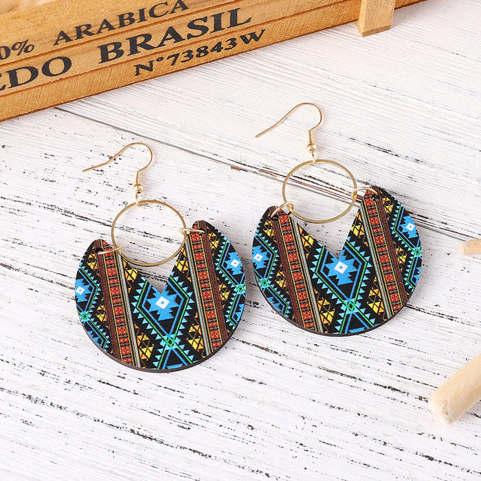 Wholesale Blue dyed printed earrings Bohemian earrings double-sided wooden geometric stripes splicing female earrings