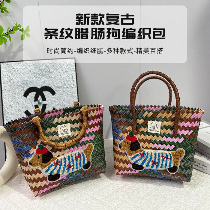 Wholesale Dachshund Striped Straw Bag Retro Woven Vegetable Basket Small Square Bag Commuter Tote Bag Shoulder Bag Cross-Border