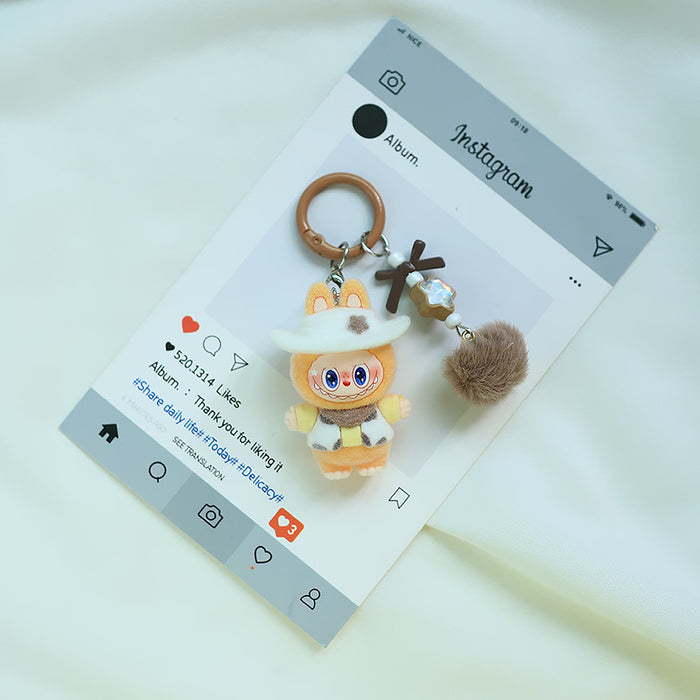 Wholesale Flocked denim car keychain doll jewelry pendant small fur ball cute grain pendant gift