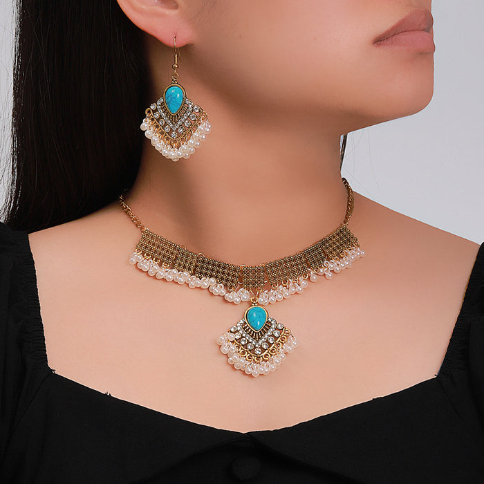 Wholesale Bohemian Turquoise Fringe Earrings and Necklace Set Alloy Jewelry
