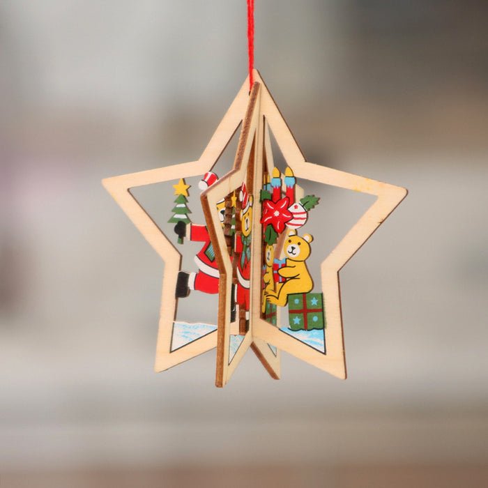Wholesale Christmas decorations wooden Christmas laser hollow Christmas tree small pendant wooden five-pointed star Bell pendant gift