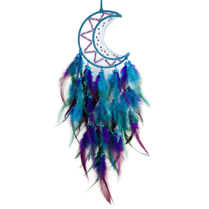 Wholesale Handwoven Iron Feather Dreamcatcher Luna Tribe Blue Purple Moon Design Boho Decorative MOQ≥2