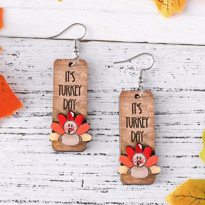 Wholesale Thanksgiving Funny Turkey Pendant Earrings Wooden Autumn Harvest Thanksgiving Double-Sided Earrings Gift