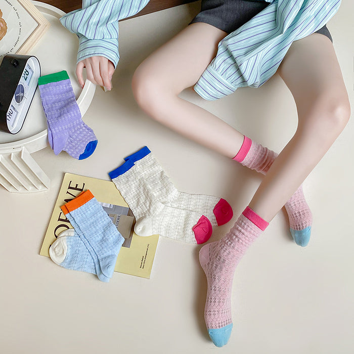 Wholesale Thin mesh breathable mid tube socks with trendy contrasting colors, long tube pile socks