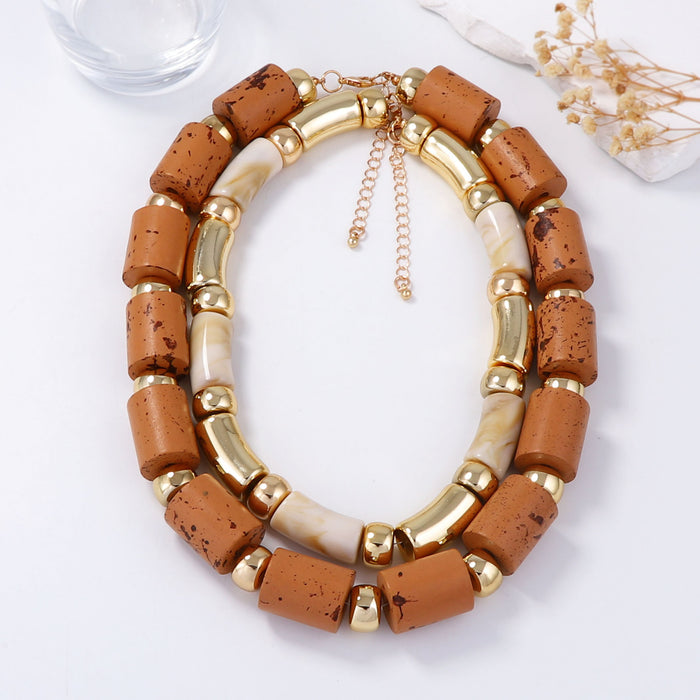 Wholesale Double-Layer Stacked Wooden Resin Bamboo Necklace Accessories