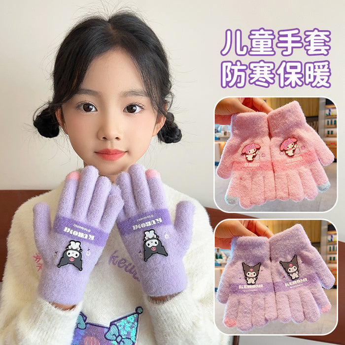 Wholesale Warm Gloves Cute Cartoon  fleece-lined Warm Five Finger Set