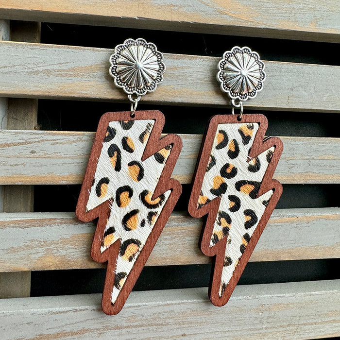 Wholesale Western lightning earrings classic leopard print genuine leather inlaid wood texture earrings