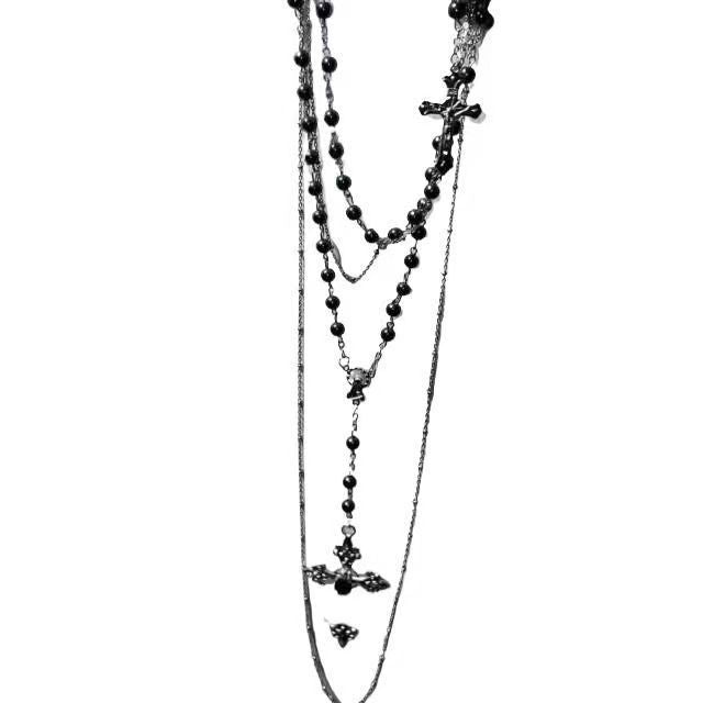 Wholesale Cross bead necklace, multi-layer stacked heavy industry long sweater, chain punk niche design accessory
