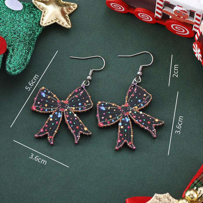 Wholesale Christmas Lantern Bow Pink Christmas Tree Pendant Earrings Wooden Double-sided Earrings Gift