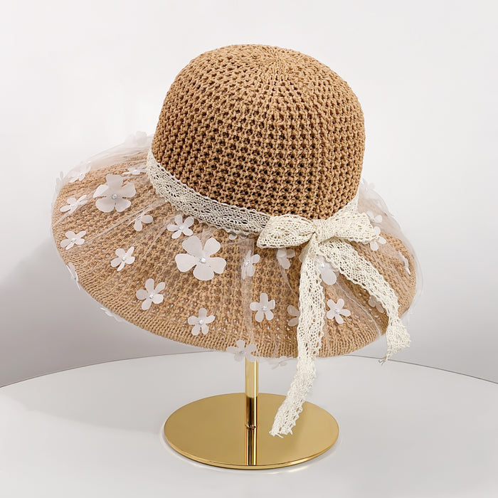 Wholesale Lace flower big grass hat versatile beach hat, sunshade and sun protection fisherman hat