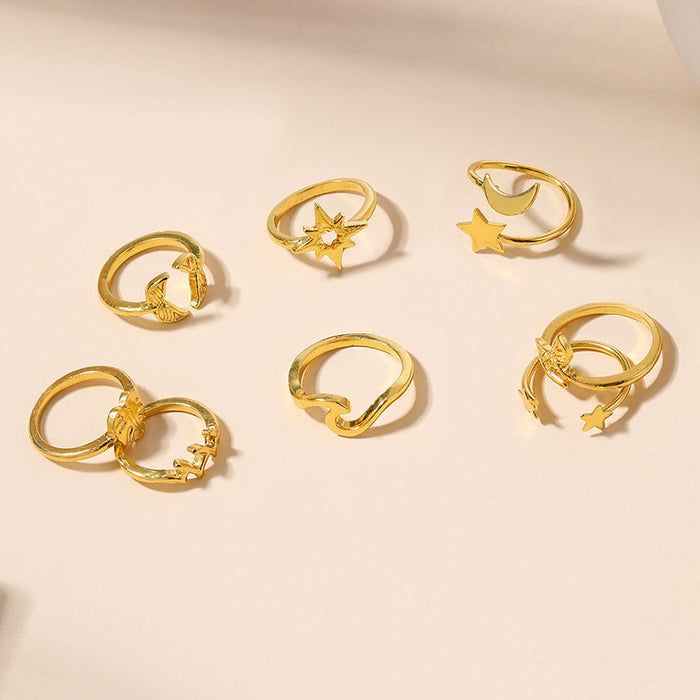 Wholesale Exaggerated alloy rings with accessories, 8 personalized star moon rings, heart-shaped layered rings