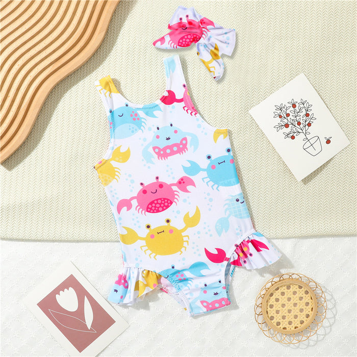 Wholesale Children's one-piece swimsuit cartoon printed girls' headband swimsuit