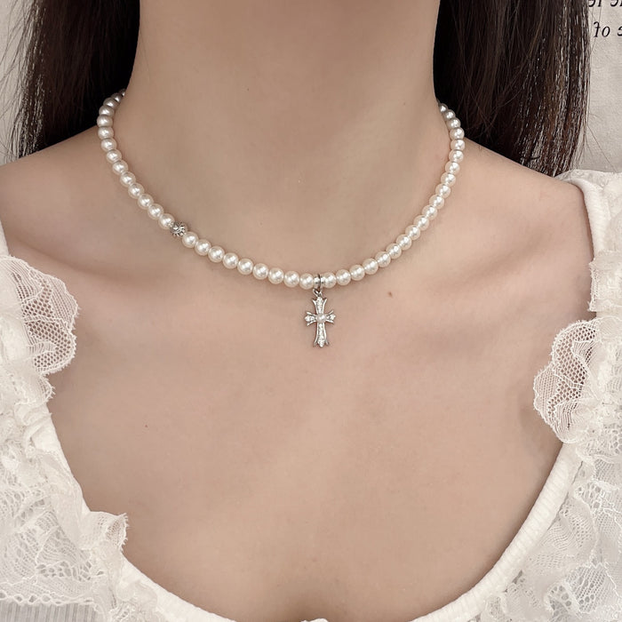 Wholesale Double layered diamond studded cross pearl necklace, niche personality, temperament, high-end feeling, collarbone chain