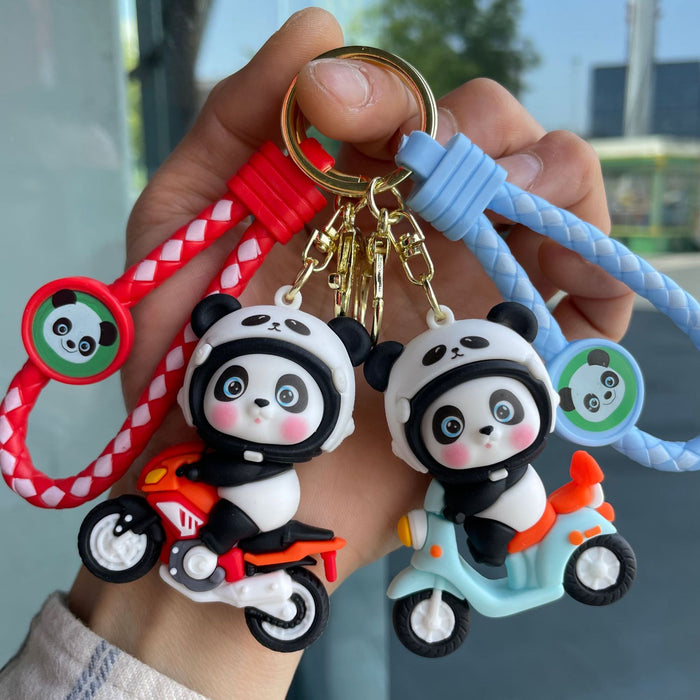 Wholesale Cartoon Motorcycle Panda Keychain 3D Doll Car Keychain Bag Pendant Hanging Decoration Baby Grabbing Machine Small Gift