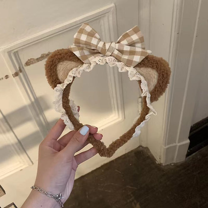 Wholesale Cute lace-trimmed bow bear ear plush headband